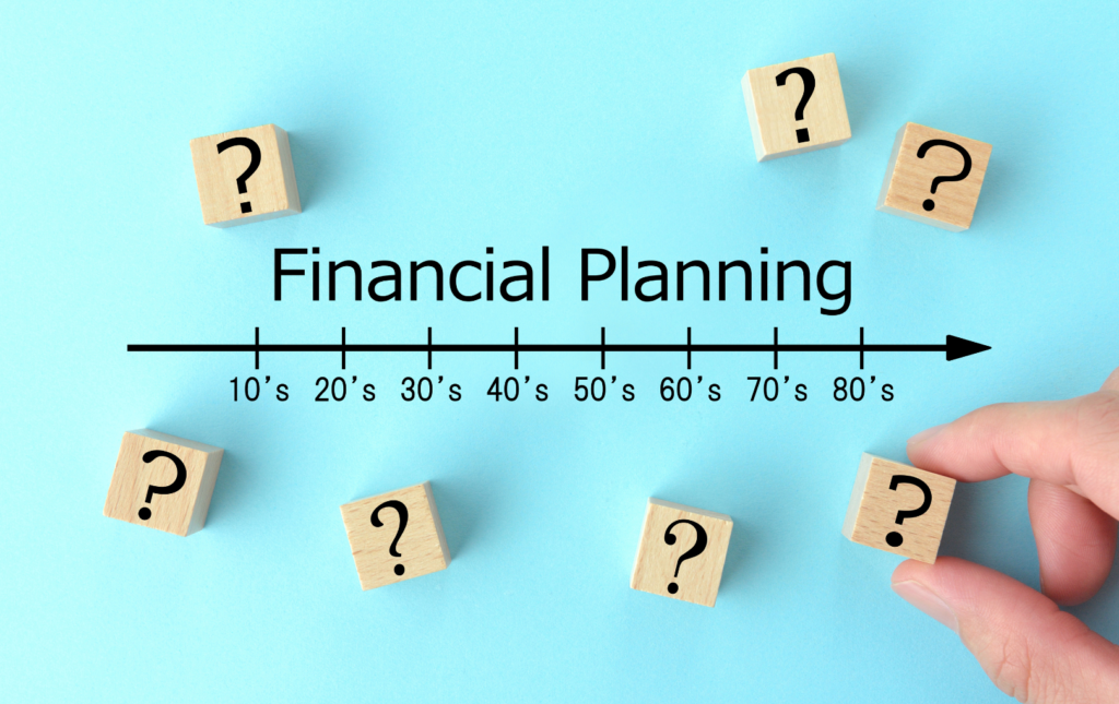 Picture of a financial planning timeline showing different decades of your life with question marks to support the idea of thinking about your short and long-term goals to set throughout your life.